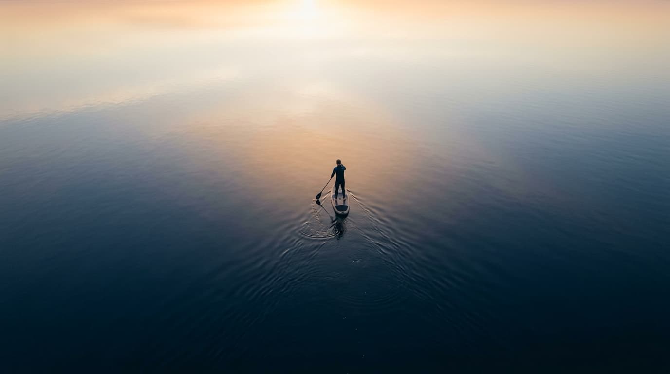 Eine Drohnenaufnahme des spiegelglatten Ringkøbing Fjords bei Hvide Sande im warmen Abendlicht, auf dem ein Stand-Up-Paddler geräuschlos durch das Wasser gleitet.