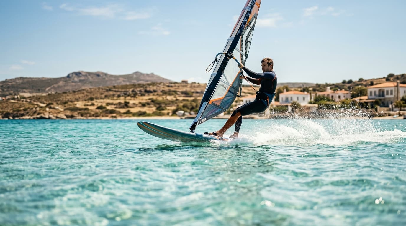 Windsurfer gleitet bei sommerlichem Meltemi über das Flachwasser in der Bucht von Alaçatı