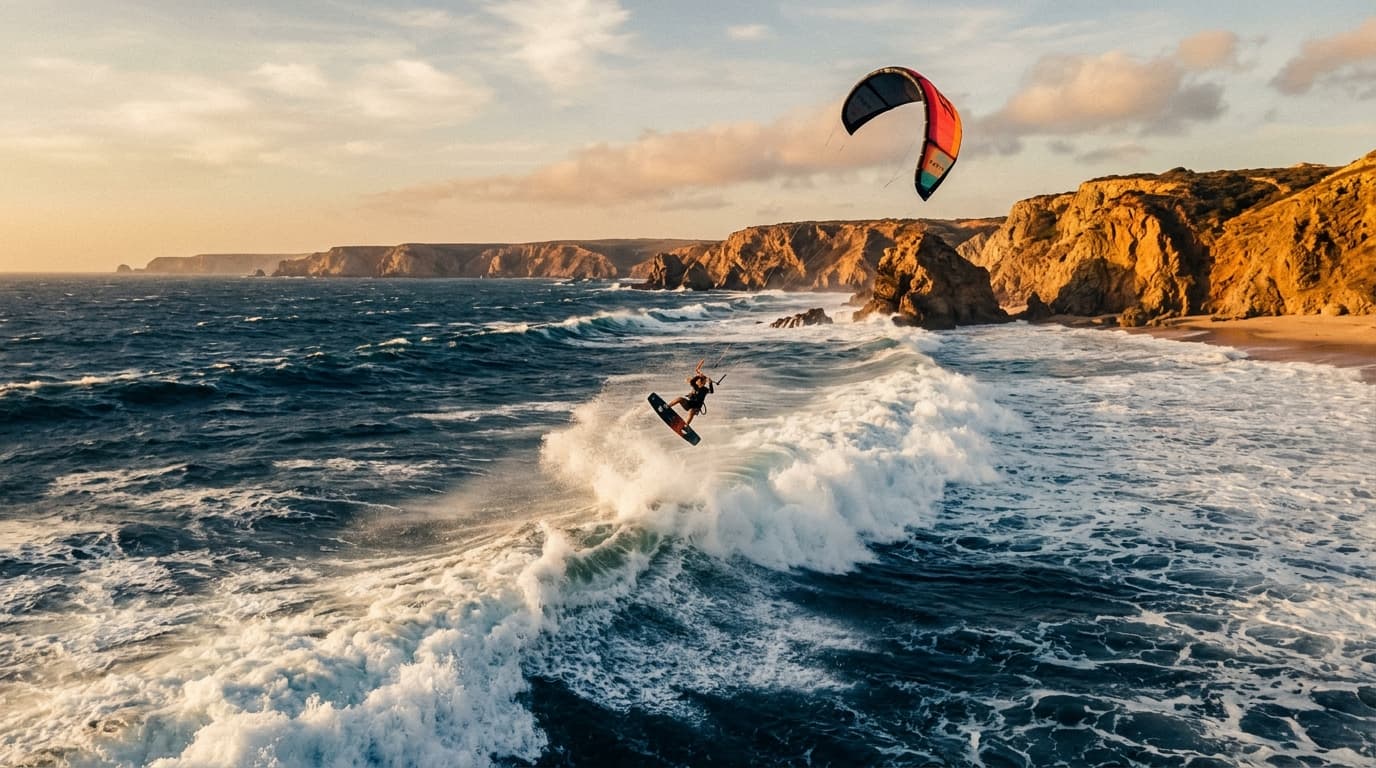 Kitesurfer und Wellenreiter an der Algarve in Portugal im Sommer bei starkem Nortada-Wind und perfekten Wasserbedingungen