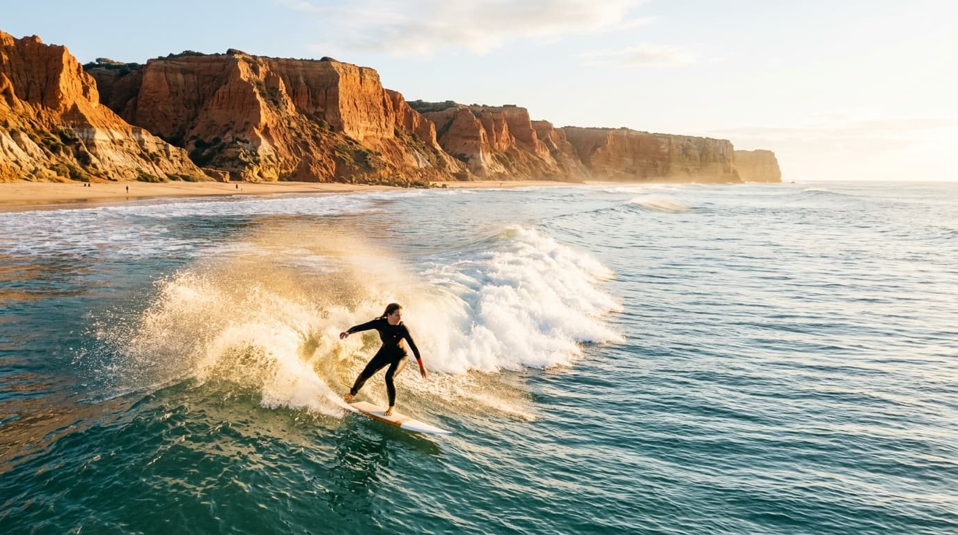 Ein Surfer reitet eine saubere, sonnenbeschienene Welle vor den charakteristischen rötlichen Klippen der Algarve im Winter.