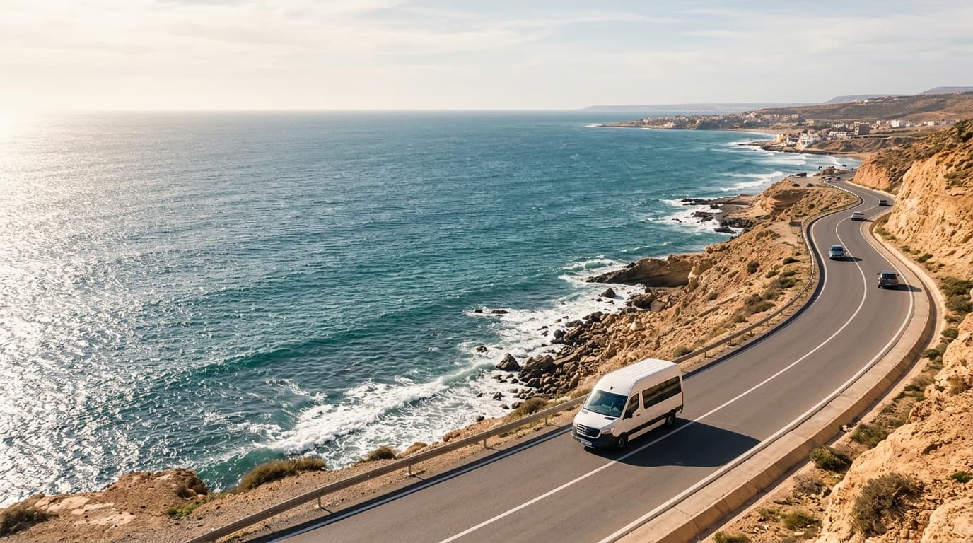 Taxi und Transferfahrzeuge an der Küstenstraße N1 auf dem Weg vom Flughafen Agadir nach Taghazout mit Atlantikblick.