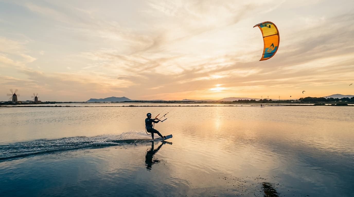 Kitesurfer auf dem flachen Wasser der Lagune Lo Stagnone auf Sizilien bei Sonnenuntergang