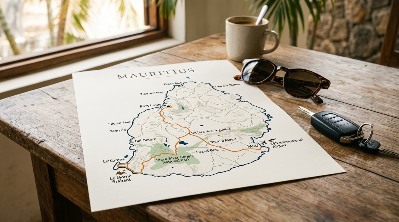 Karte der Transferrouten vom Flughafen Mauritius zur Halbinsel Le Morne im Südwesten