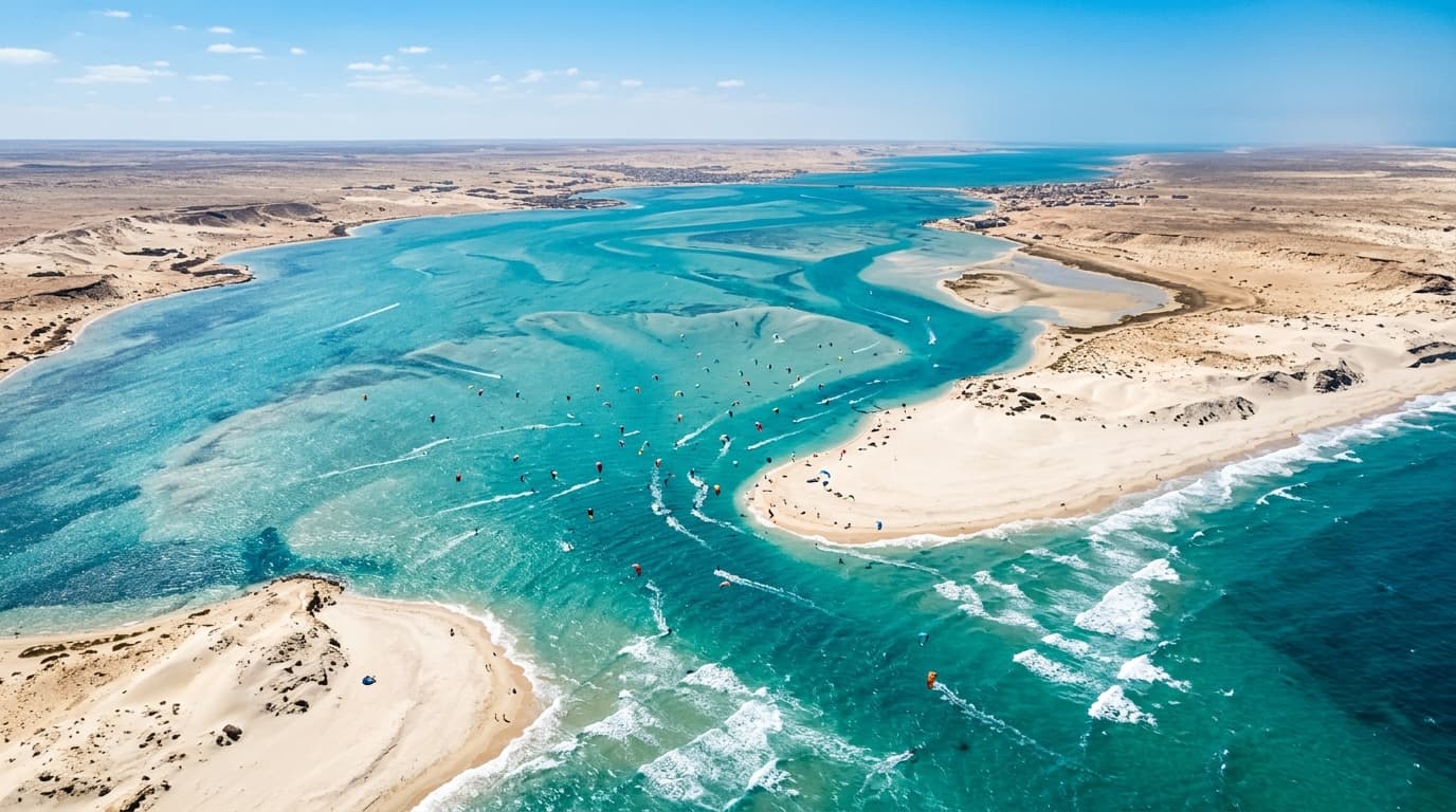 Ein Blick aus der Vogelperspektive auf die weite, türkisfarbene Lagune von Dakhla in Marokko, an der bunte Kiteschirme unter strahlend blauem Himmel fliegen.