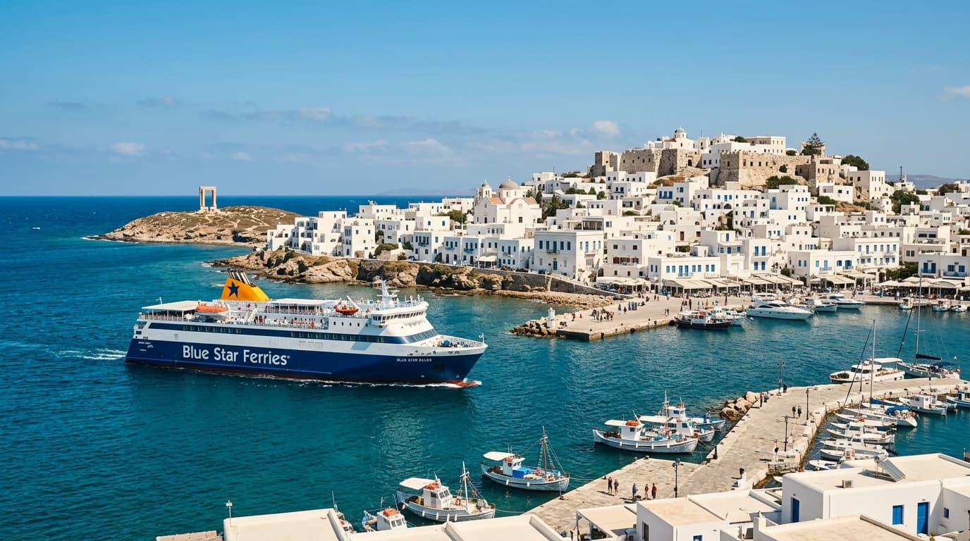 Fähre der Blue Star Ferries legt im Hafen von Naxos an mit Blick auf die Kykladen-Architektur.