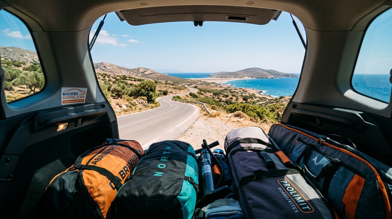 Blick auf die Landstraße gen Süden Richtung Prasonisi mit Kitesurfausrüstung im Kofferraum eines Mietwagens auf Rhodos.