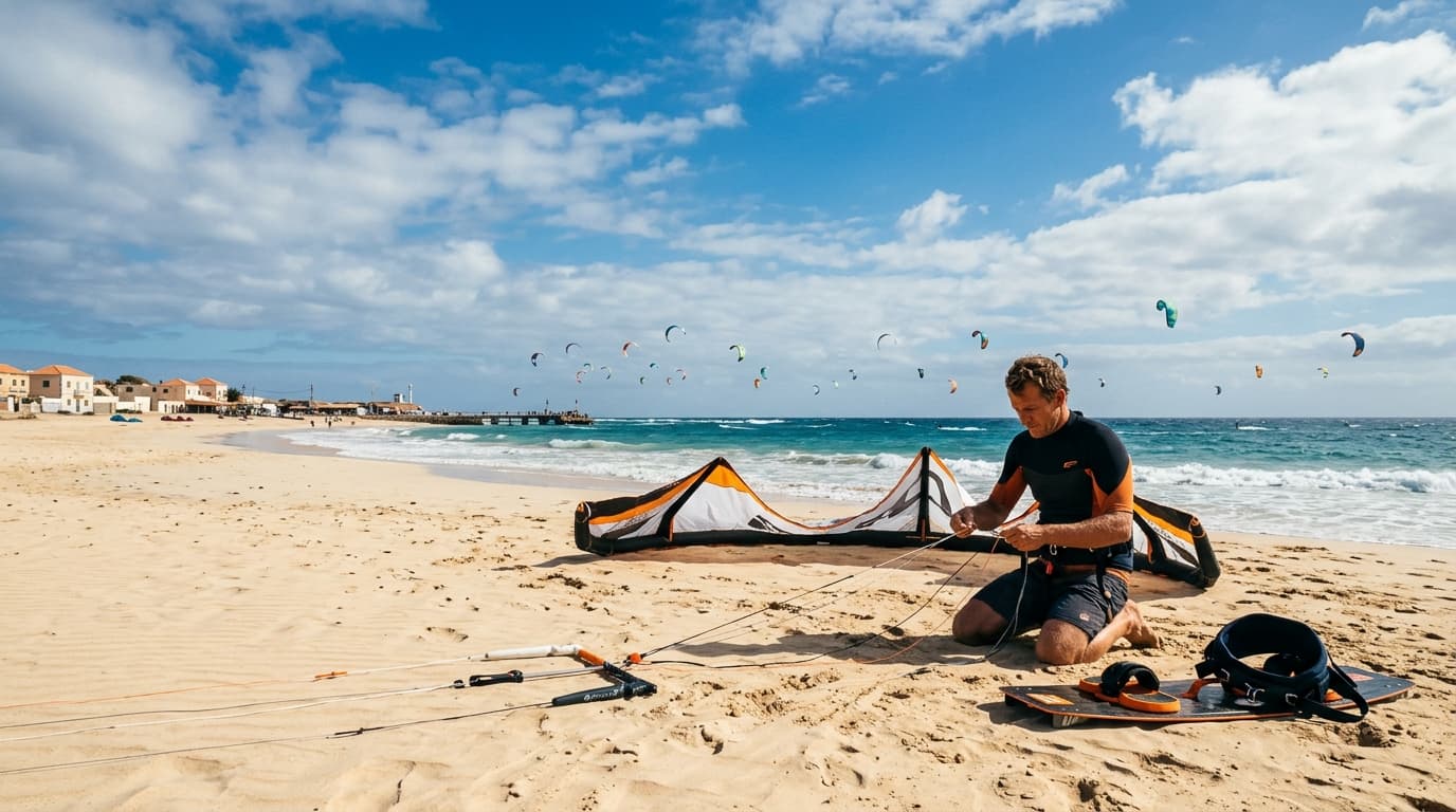 Ein Kitesurfer am Strand von Santa Maria auf Sal bei idealem Passatwind, im Hintergrund der Atlantische Ozean und ankommende Sportler.