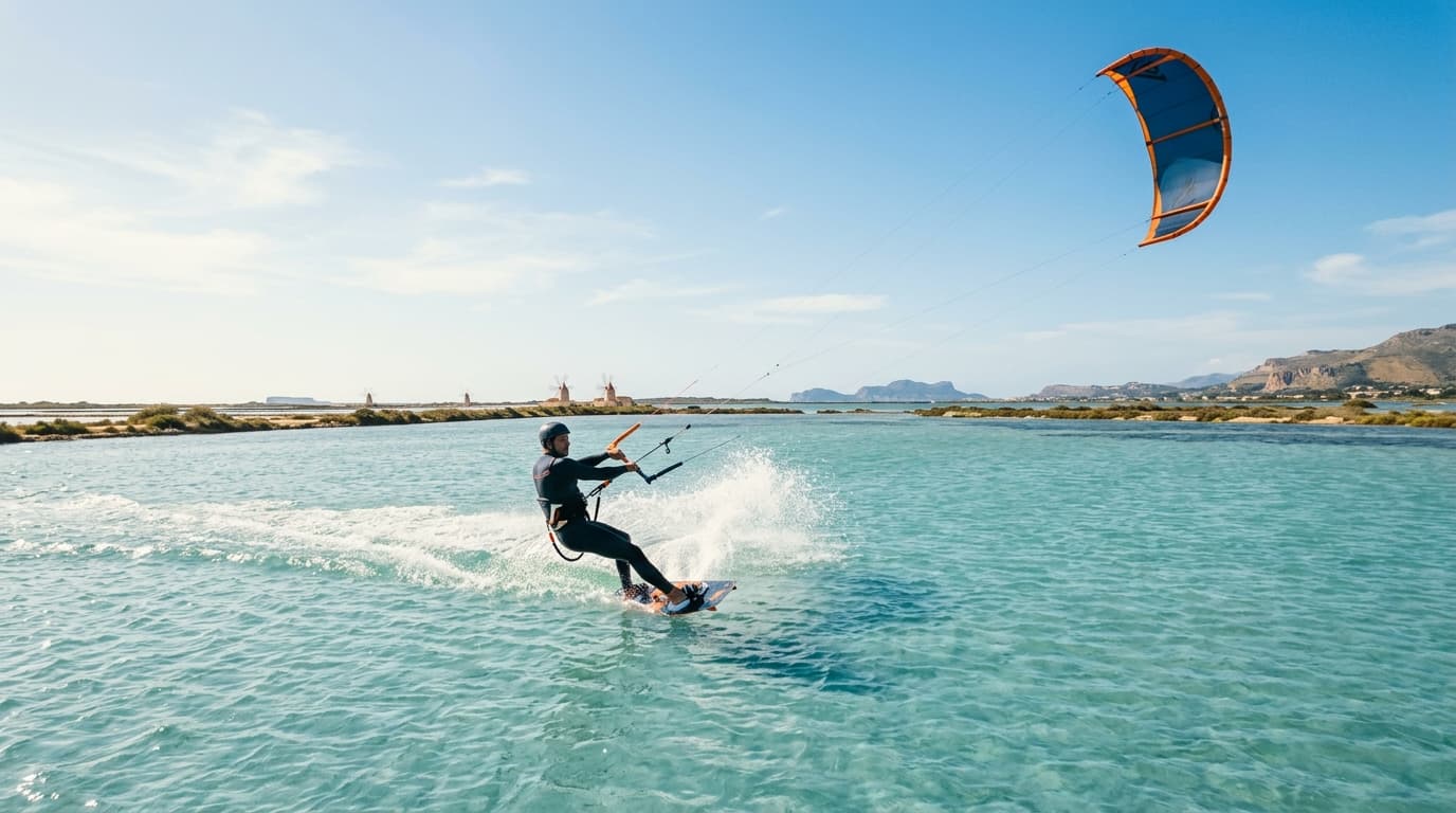 Ein Kitesurfer gleitet bei strahlendem Sonnenschein und konstantem Wind über das flache, türkisfarbene Wasser der Lagune Lo Stagnone auf Sizilien.
