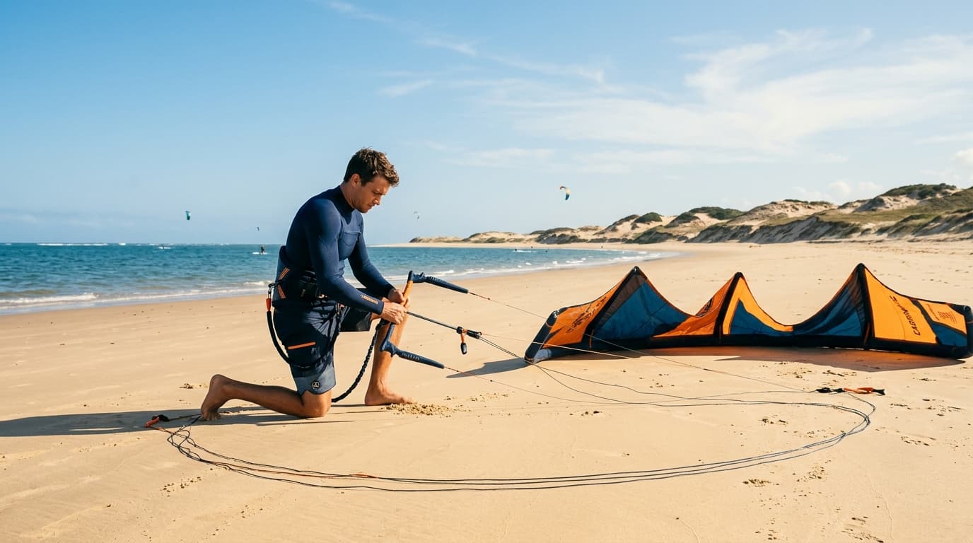 Kitesurfer in Brasilien beim Aufbau seines Kites am Sandstrand, im Hintergrund das 30 Grad warme Flachwasser und kleine Dünen unter blauem Himmel.