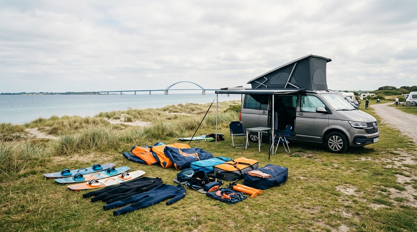 Wohnmobil und Kitesurf-Equipment auf einem Campingplatz nahe der Ostseeküste auf Fehmarn