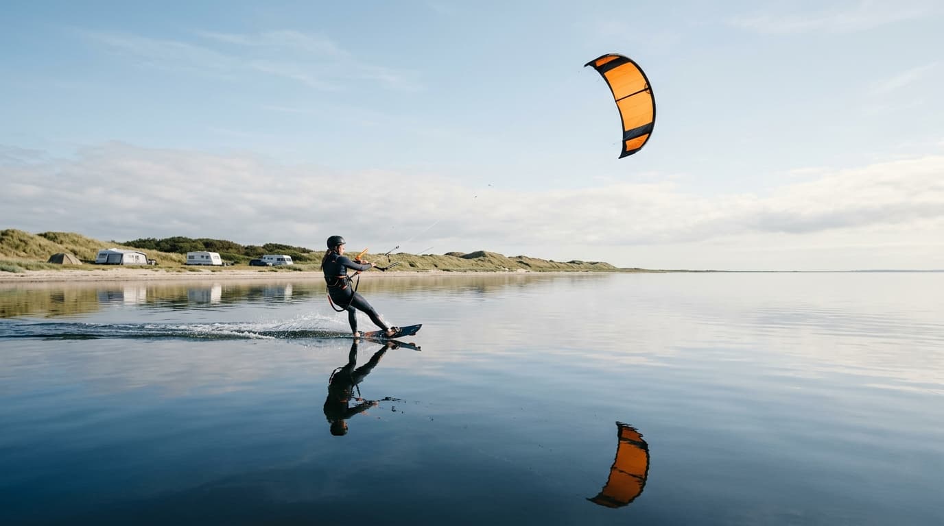 Ein Kitesurfer gleitet über das spiegelglatte Wasser am Ringkøbing Fjord, im Hintergrund flache Dünen und ein Campingplatz.