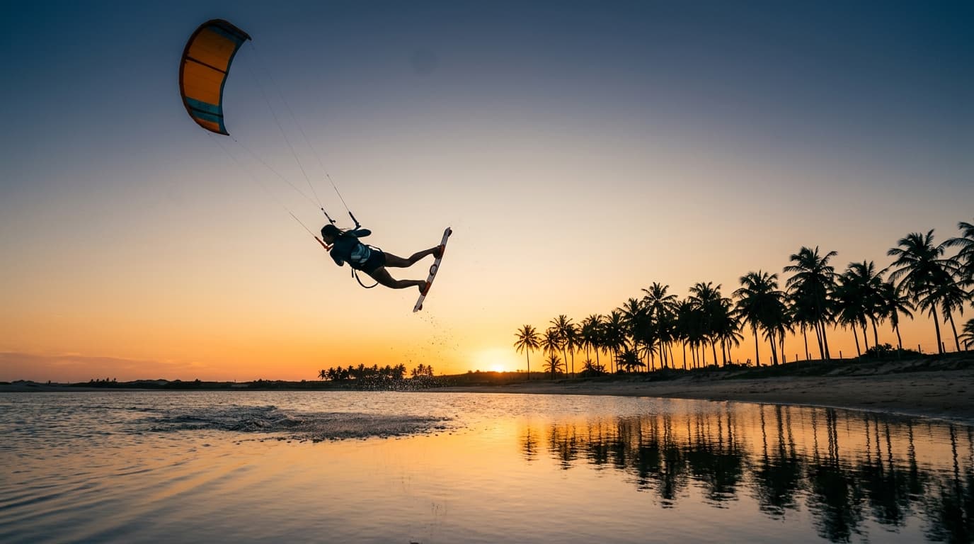 Ein Kitesurfer springt bei Sonnenuntergang über das flache Wasser der Cauípe-Lagune in der Nähe von Cumbuco, Brasilien, während im Hintergrund Palmen zu sehen sind.