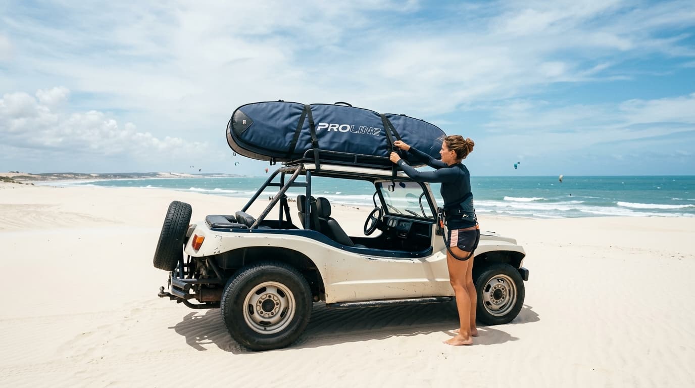 Ein Kitesurfer transportiert sein großes Boardbag auf dem Dach eines typischen Strand-Buggys im hellen Sand von Cumbuco, Brasilien.