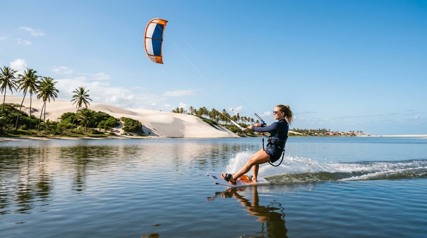 Ein Kitesurfer zieht seine Spuren im flachen Wasser einer Lagune nahe Cumbuco vor einer Kulisse aus riesigen Sanddünen und Palmen unter strahlend blauem Himmel.