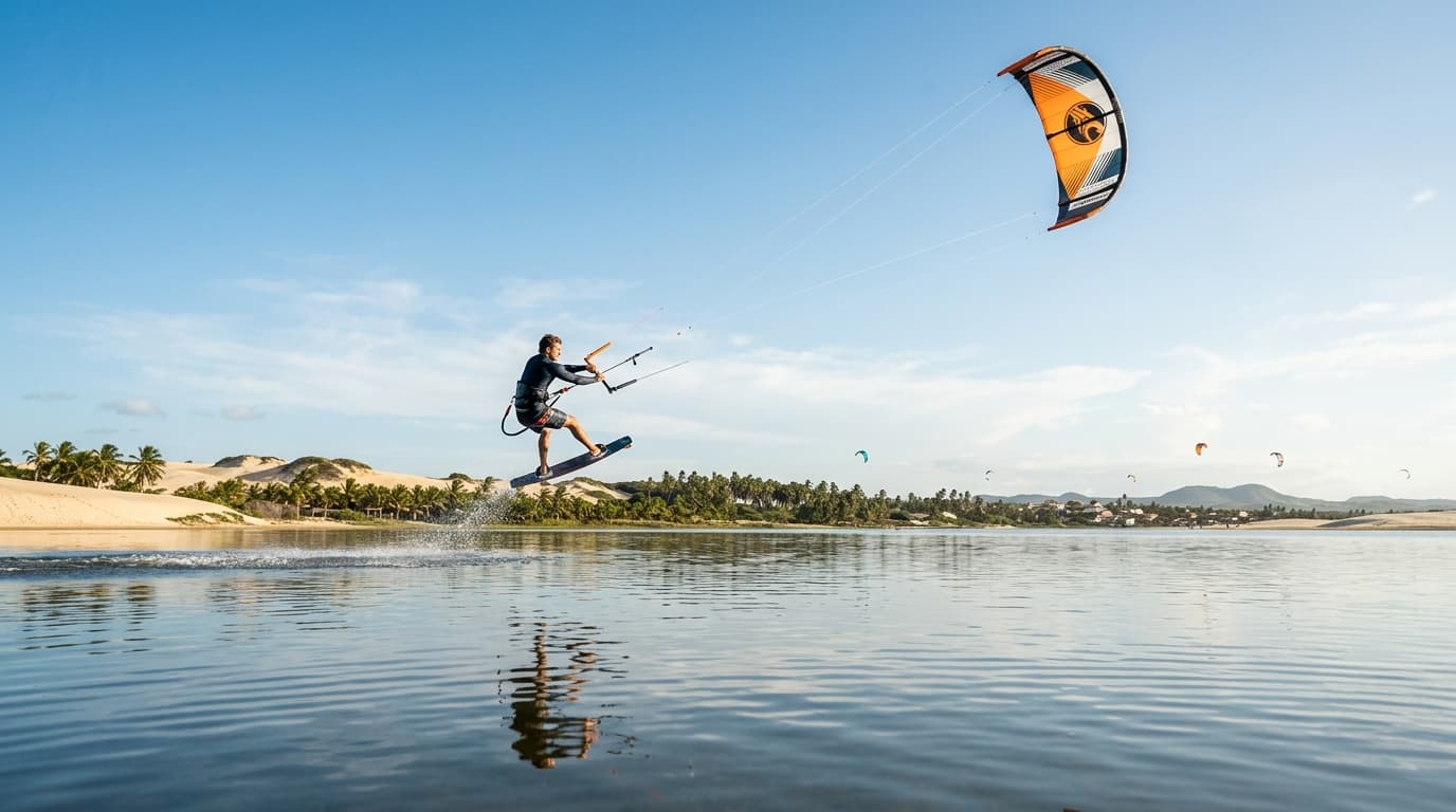 Ein Kitesurfer fliegt über das stehtiefe, flache Wasser der Lagoa do Cauípe in Cumbuco, Brasilien, während im Hintergrund Palmen und Sanddünen zu sehen sind.