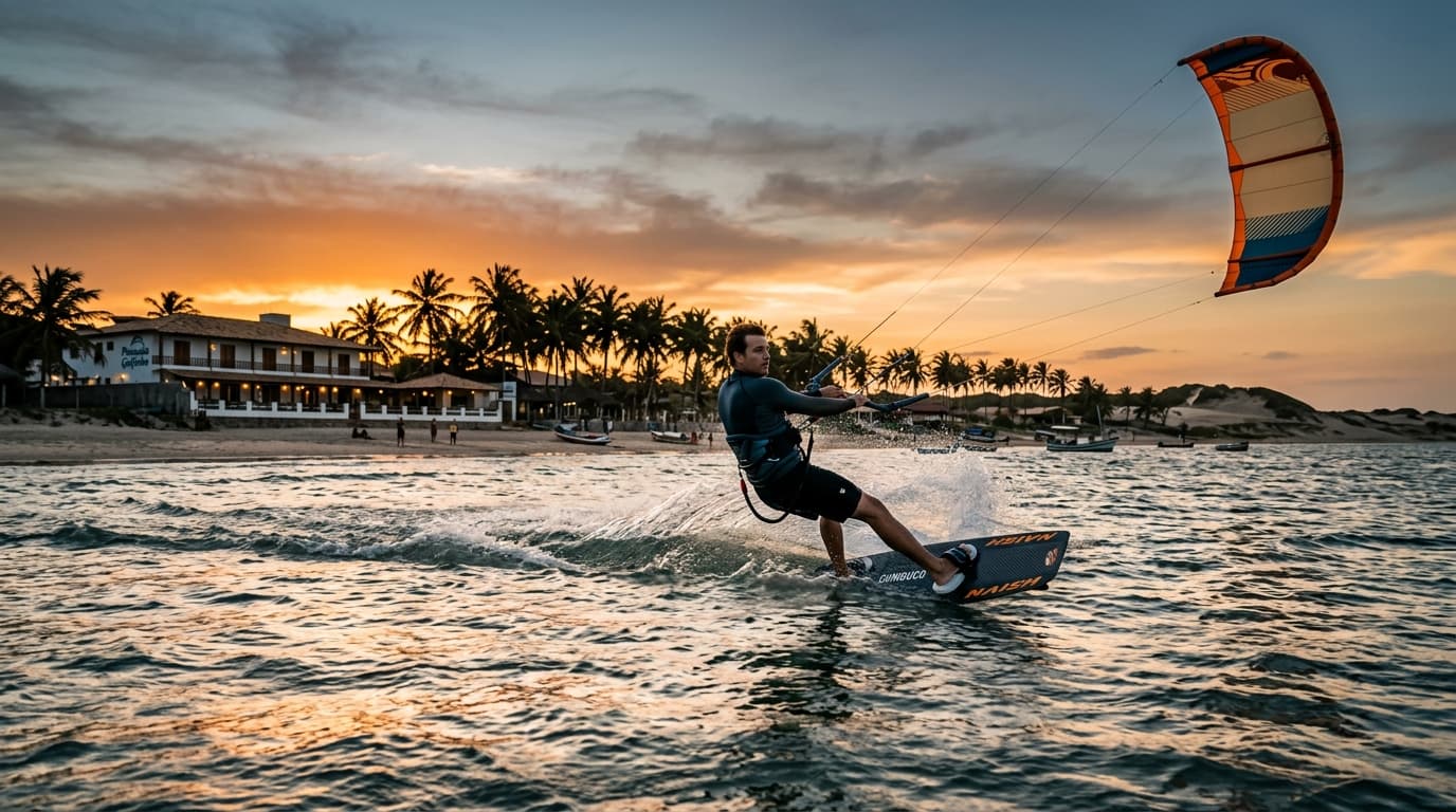 Ein Kitesurfer gleitet bei Sonnenuntergang über das Wasser vor Cumbuco, im Hintergrund sind Palmen und ein strandnahes Hotel zu sehen.