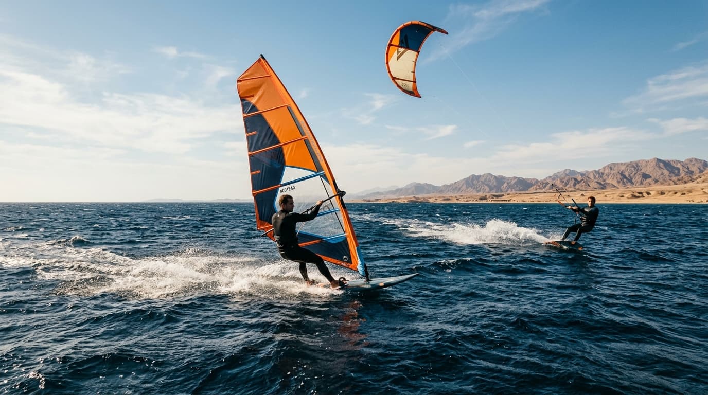 Windsurfer und Kitesurfer nutzen den starken Wind auf dem tiefblauen Wasser des Roten Meeres vor Ägypten