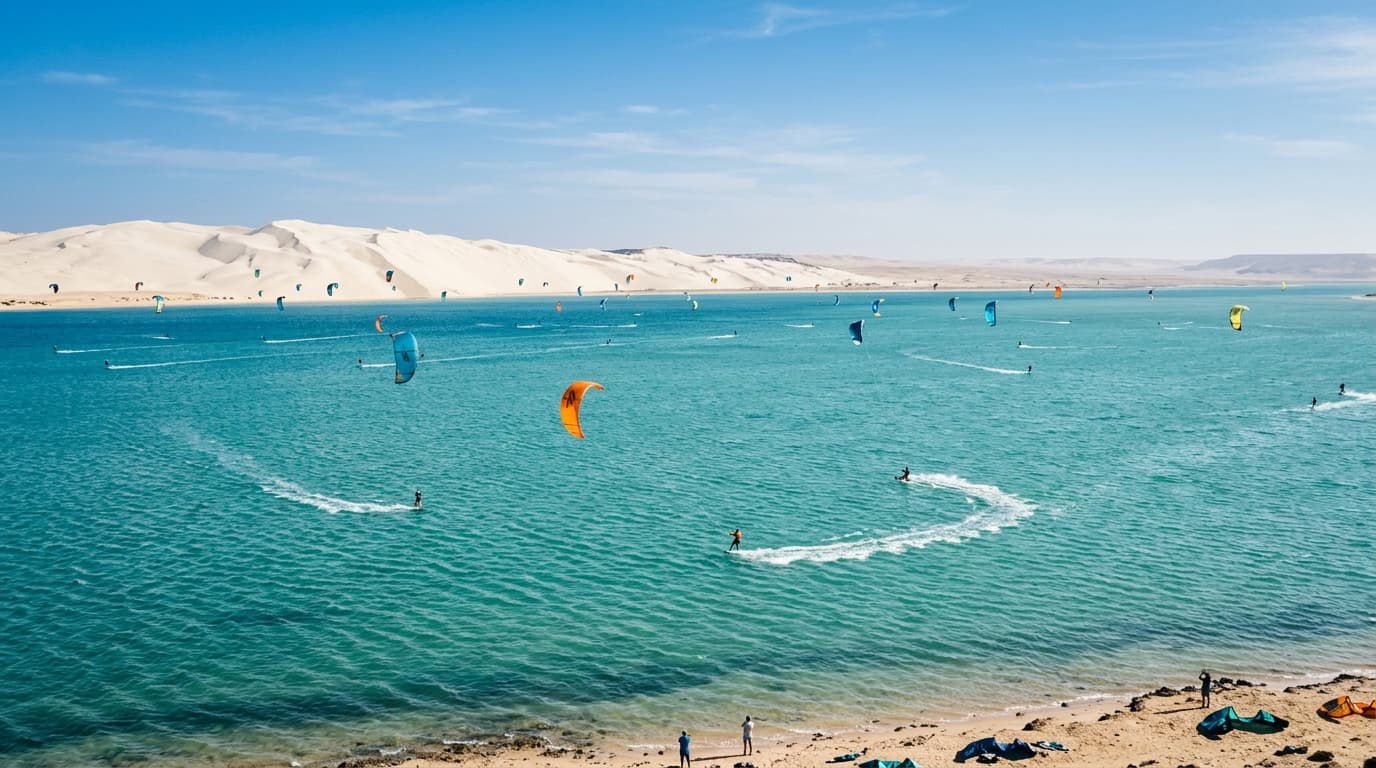 Blick über die tuerkisfarbene Dakhla-Lagune in Marokko mit Kitesurfern auf dem Wasser vor der Kulisse der hellen Sandduenen der Sahara unter blauem Himmel.
