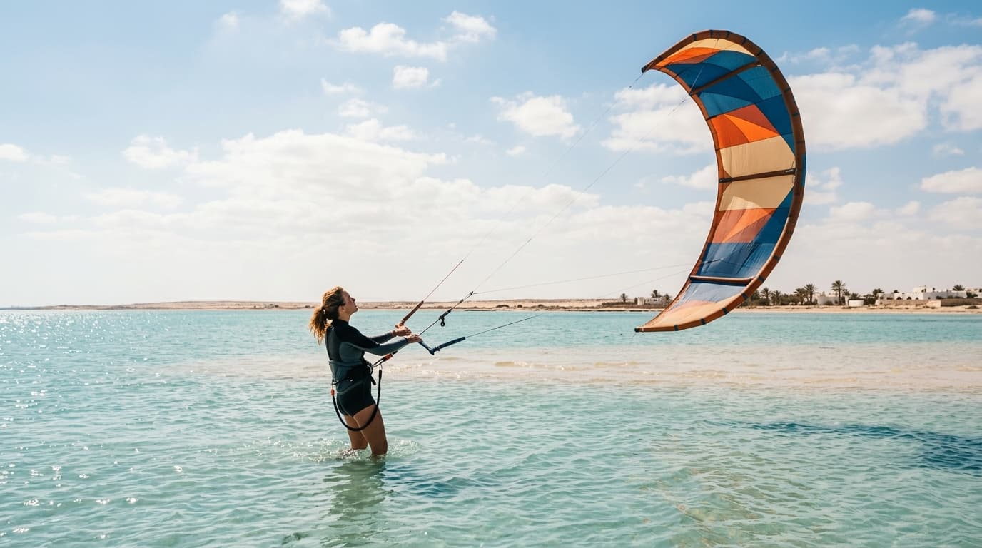 Ein Kitesurfer startet seinen Kite in der stehtiefen, türkisblauen Lagune von Djerba bei sonnigem Wetter.
