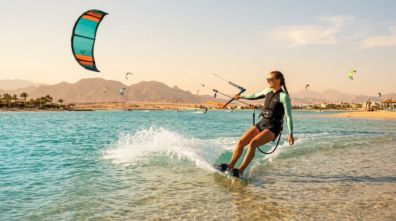 Eine Kitesurferin gleitet über das türkisfarbene, stehtiefe Flachwasser einer Lagune in El Gouna vor der Kulisse der Wüstenberge.