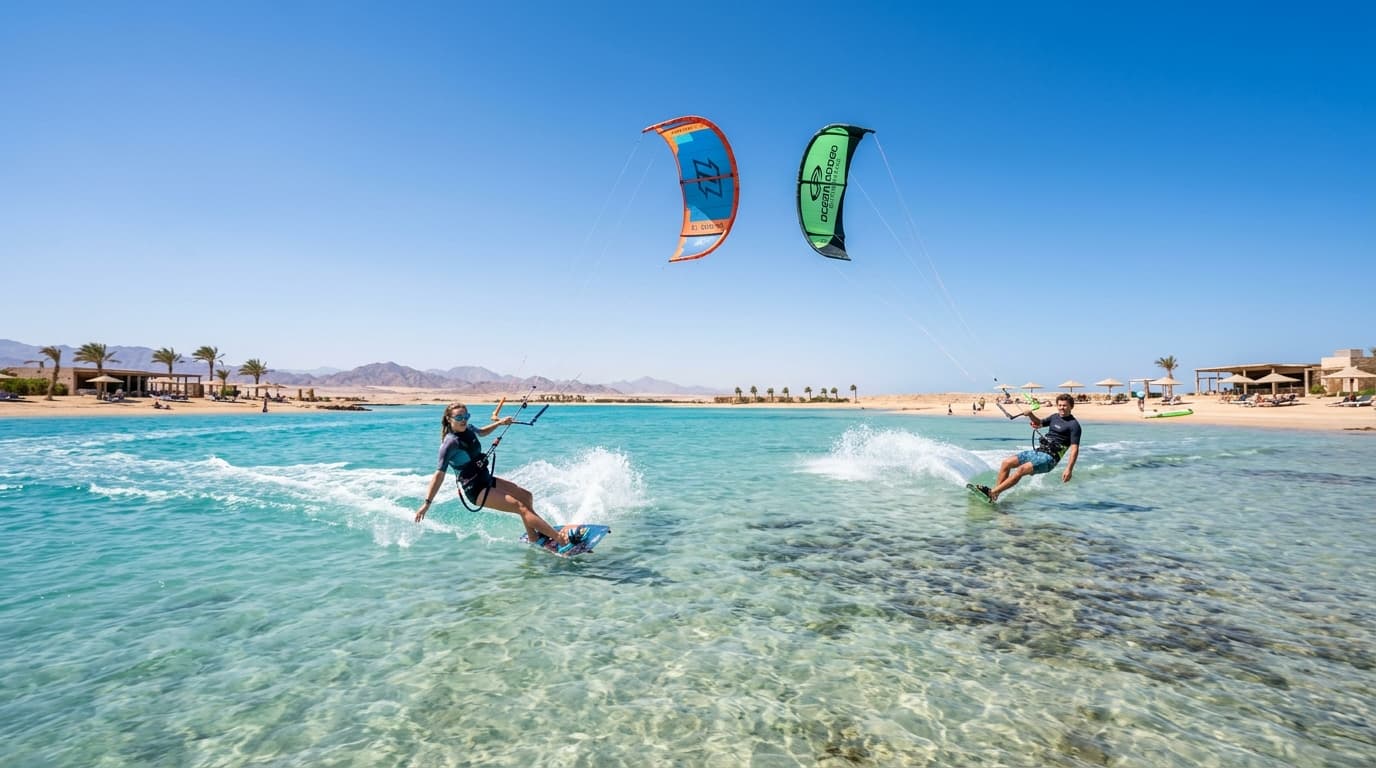 Zwei Kitesurfer gleiten über das türkisfarbene Flachwasser der Lagune am Mangroovy Beach in El Gouna unter strahlend blauem Himmel.