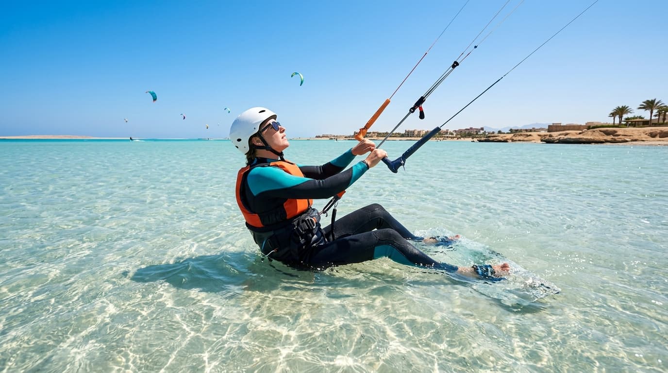 Ein Kitesurf-Anfänger übt den Wasserstart im türkisfarbenen, brusttiefen Flachwasser einer Lagune in El Gouna unter strahlend blauem Himmel.