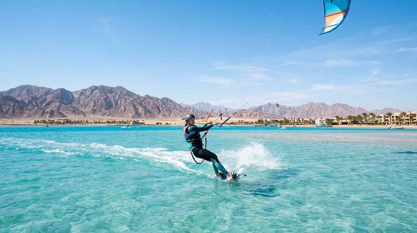 Ein Kitesurfer gleitet bei strahlendem Sonnenschein und konstantem Wind ueber das flache, tuerkisfarbene Wasser einer Lagune in El Gouna vor der Kulisse der Wuestenberge.