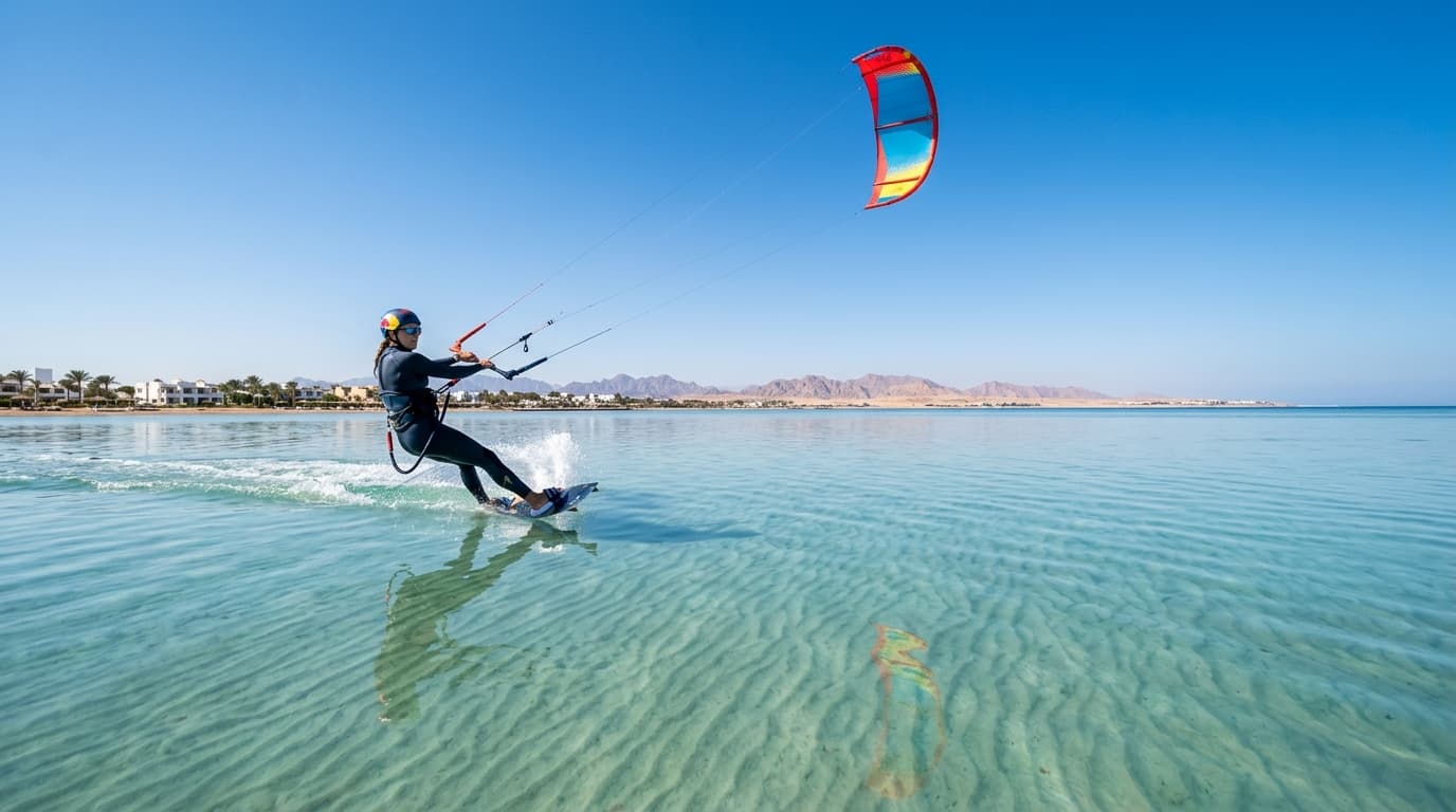 Ein Kitesurfer gleitet über das flache, türkisfarbene Wasser der stehtiefen Lagune von El Gouna in Ägypten unter strahlend blauem Himmel.