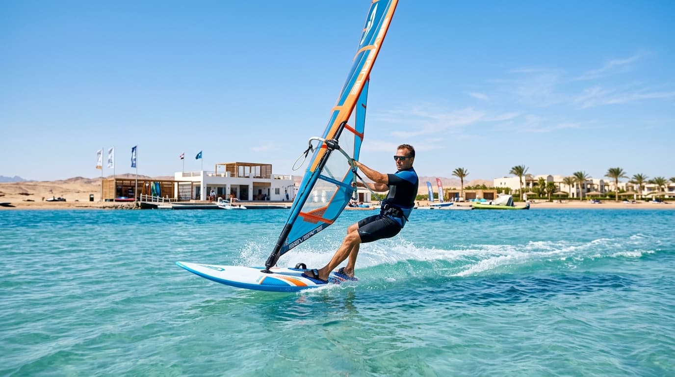 Ein Windsurfer gleitet bei strahlendem Sonnenschein und konstantem Wind über das türkisfarbene Flachwasser der Lagune in El Gouna Ägypten, im Hintergrund eine moderne Wassersportstation.