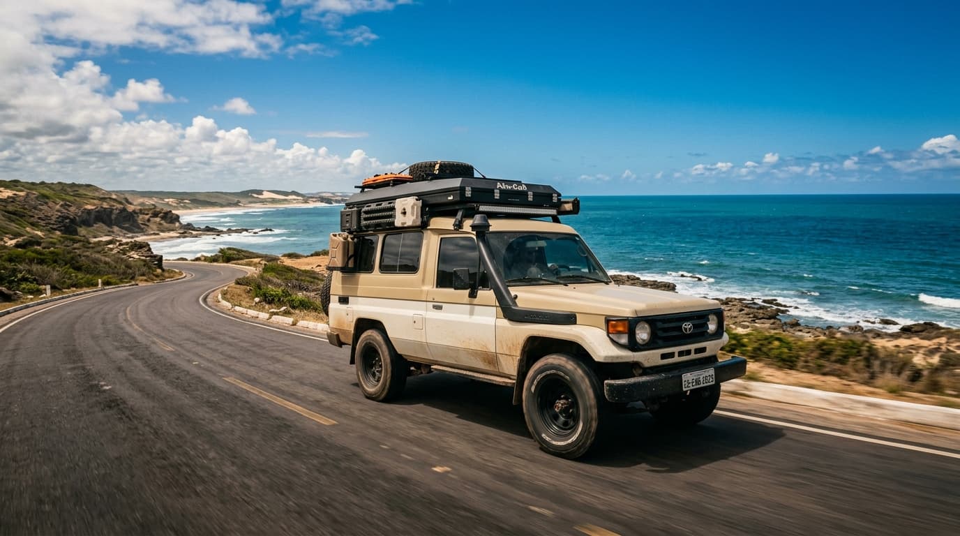 Ein beladener Geländewagen fährt auf einer asphaltierten Straße entlang der Küste von Ceara in Brasilien unter strahlend blauem Himmel Richtung Emboaca.