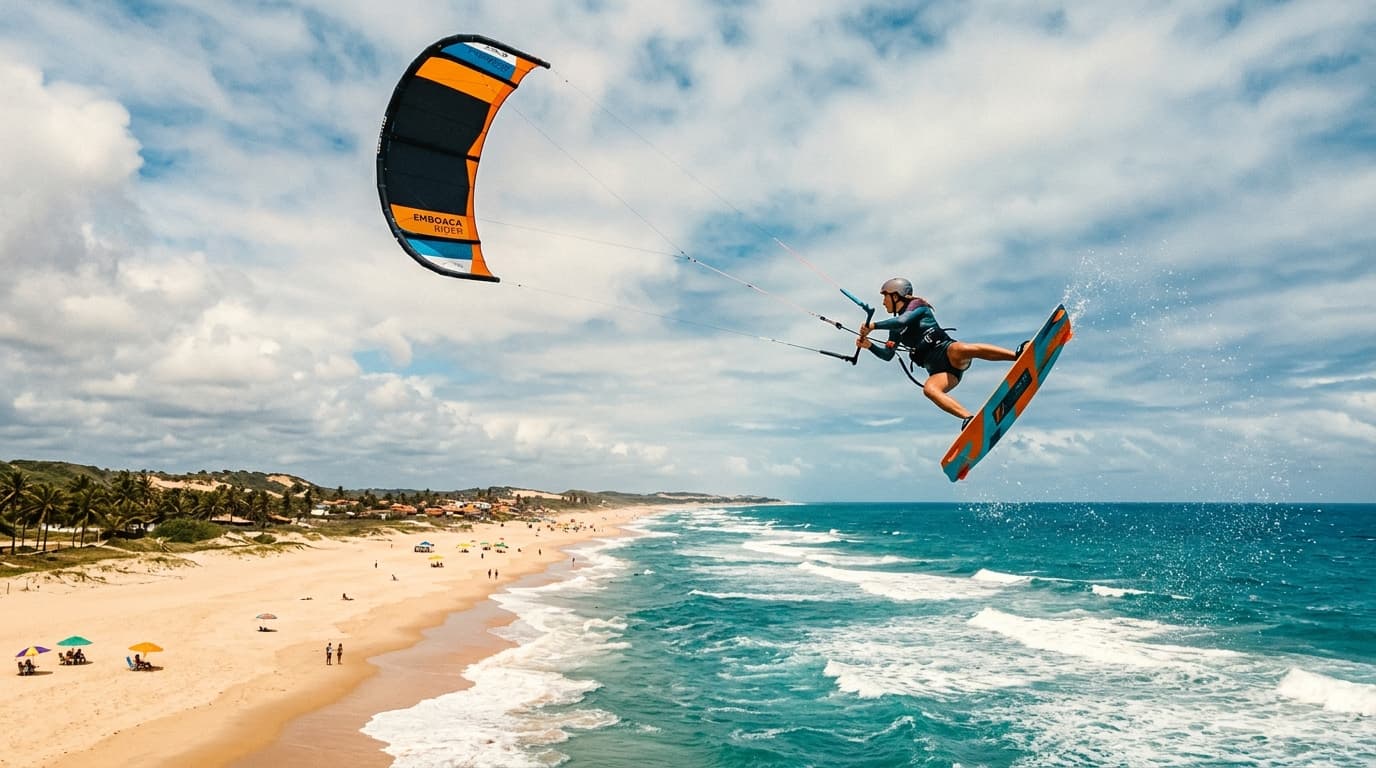 Kitesurfer springt über das türkisfarbene Wasser vor dem Sandstrand von Emboaca in Brasilien bei starkem Wind.