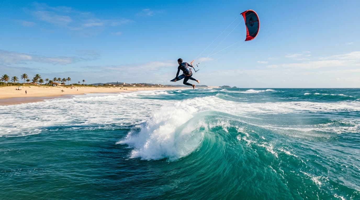Ein Kitesurfer fliegt über eine saubere Welle im türkisfarbenen Wasser vor dem Sandstrand von Emboaca in Brasilien bei strahlendem Sonnenschein.