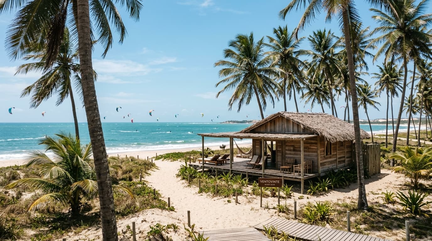 Ein gemütlicher Holzbungalow des VentoVinte Beach Clubs in Praia da Emboaca, umgeben von Kokospalmen, mit Blick auf das Meer und Kitesurfer im Hintergrund.