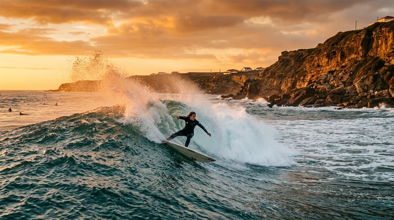 Ein Surfer reitet eine steile Welle an einem Riffbreak in Ericeira, Portugal, während im Hintergrund die Felsküste des World Surfing Reserves im Sonnenuntergang leuchtet.
