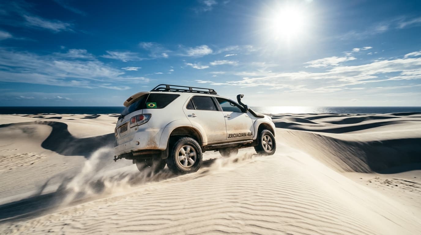 Ein weißer Allrad-Geländewagen fährt über die weiten Sanddünen von Jericoacoara in Brasilien bei strahlendem Sonnenschein und Wind.