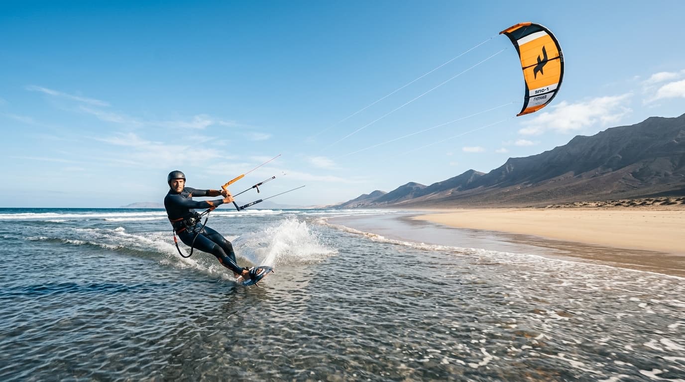 Kitesurfer glidet über das Wasser an einem weitläufigen Kanaren-Strand bei klarem Himmel