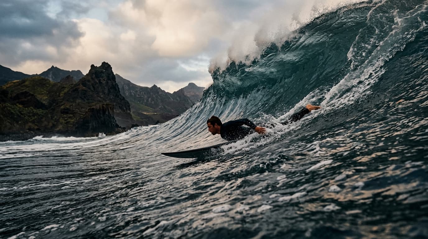 Surfer beim Anpaddeln einer Atlantikwelle vor der Vulkankulisse der Kanarischen Inseln.