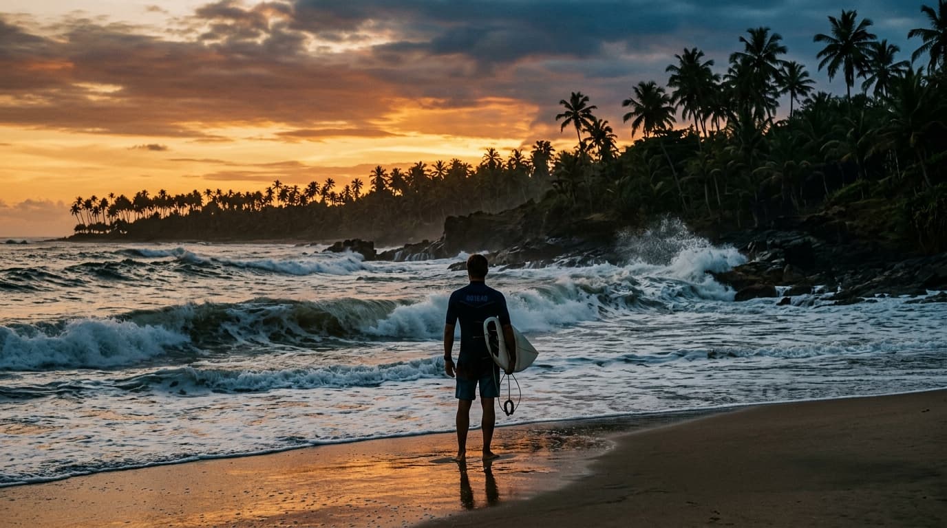 Surfer blickt auf kraftvolle Atlantikwellen an einer Palmenküste bei Sonnenuntergang
