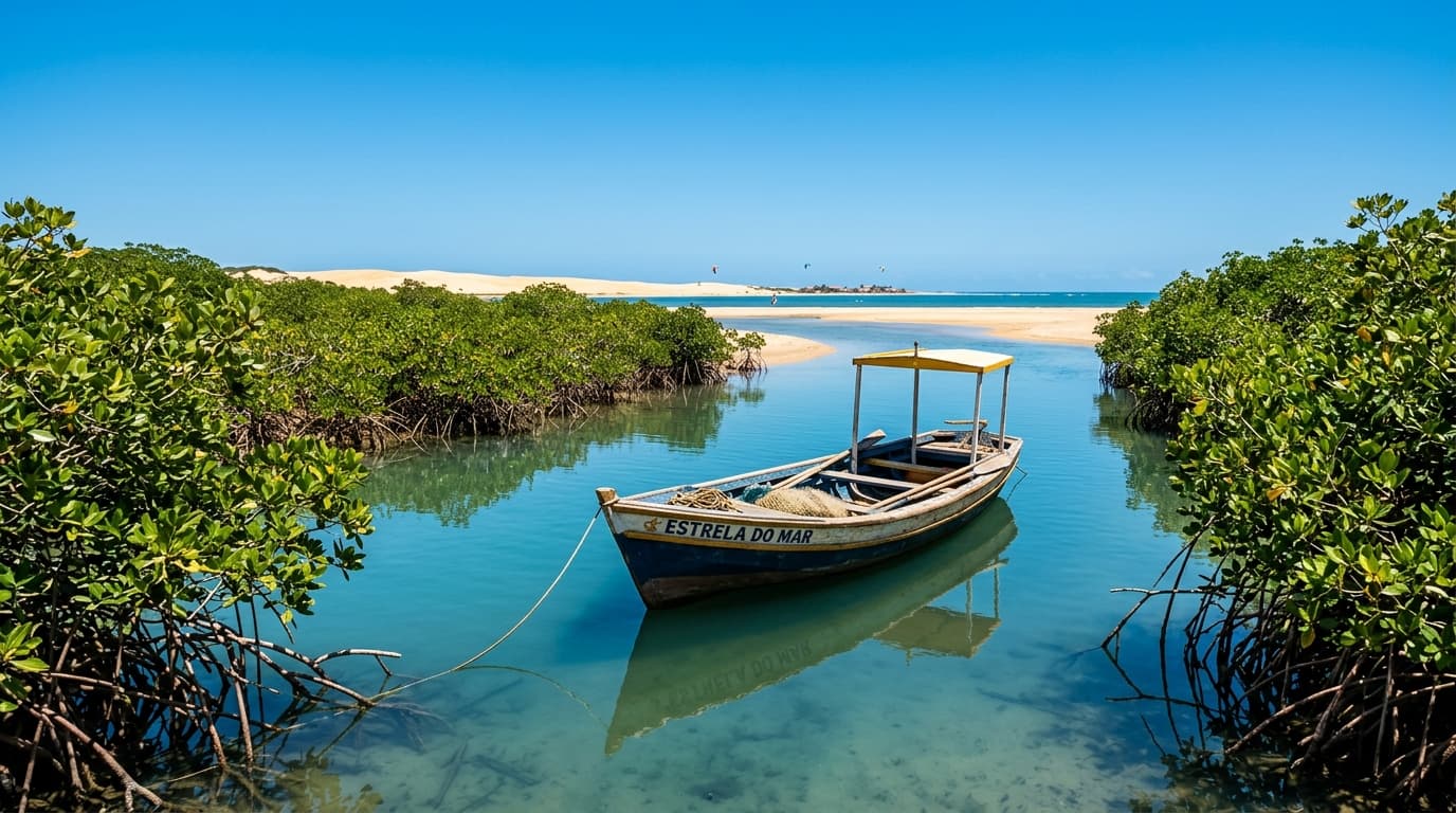 Ein traditionelles Holzboot ankert im grünen Mangrovenkanal von Pratagil vor der Sandhalbinsel von Galinhos, Brasilien, unter strahlend blauem Himmel.