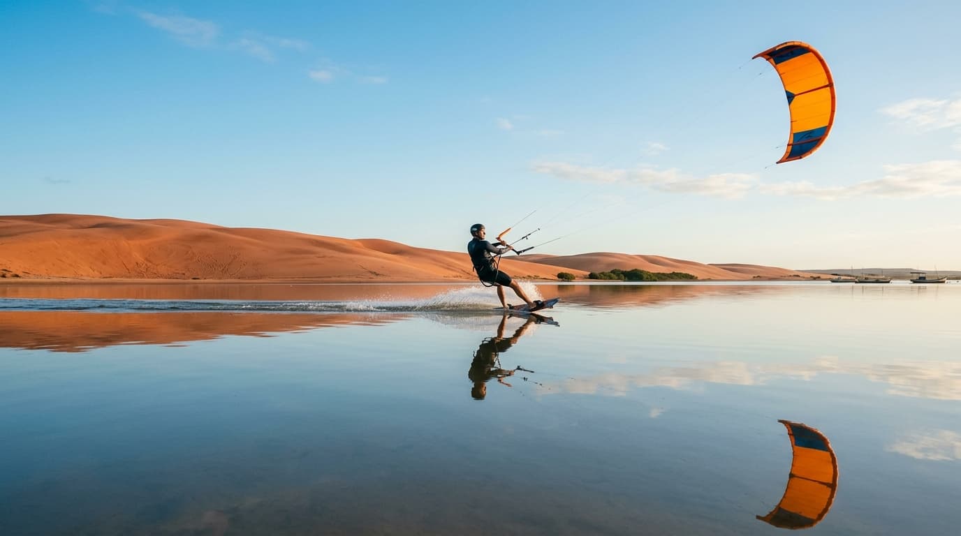 Ein Kitesurfer gleitet über das spiegelglatte Flachwasser der Lagune von Galinhos in Brasilien, im Hintergrund erstrecken sich rötliche Sanddünen unter blauem Himmel.