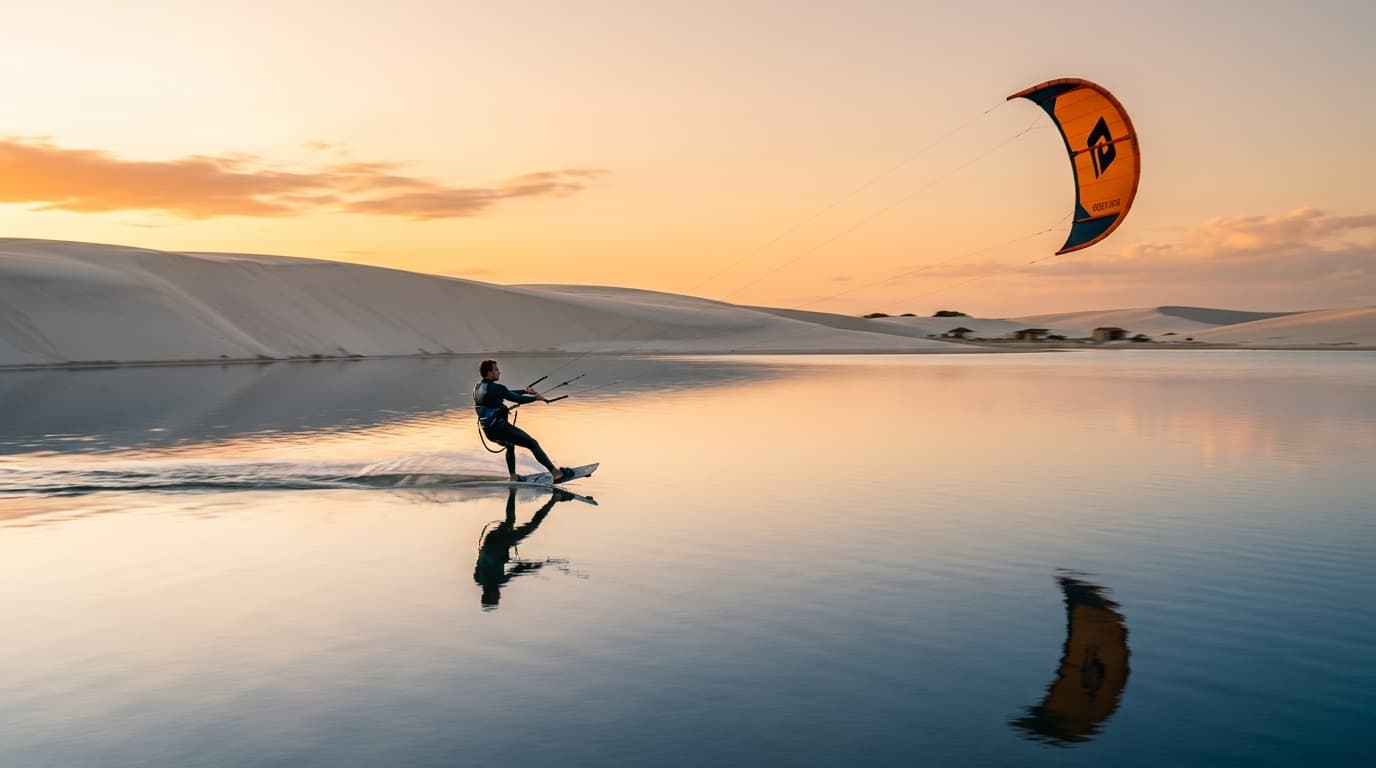 Ein Kitesurfer gleitet über das spiegelglatte Flachwasser der Lagune von Galinhos in Brasilien bei Sonnenuntergang vor einer Kulisse aus weißen Sanddünen.