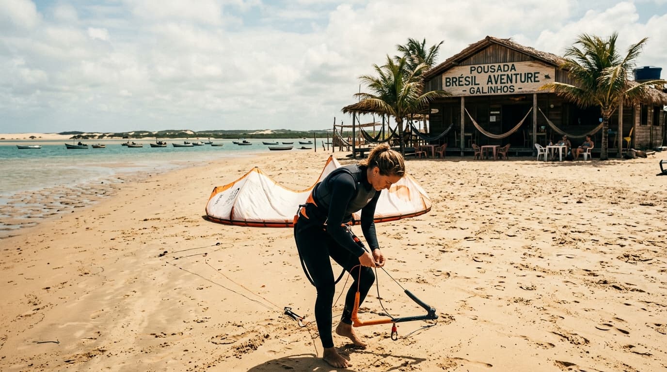 Kitesurfer startet direkt vor der Pousada Brésil Aventure am Strand von Galinhos
