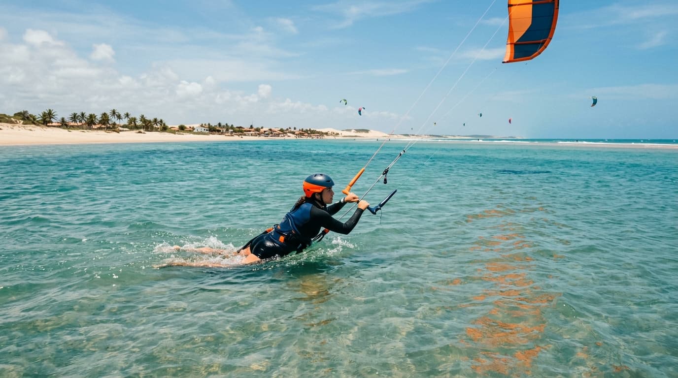 Ein Kitesurf-Anfänger übt das Bodydraging im flachen, warmen Wasser von São Miguel do Gostoso bei strahlendem Sonnenschein und konstanten Passatwinden.