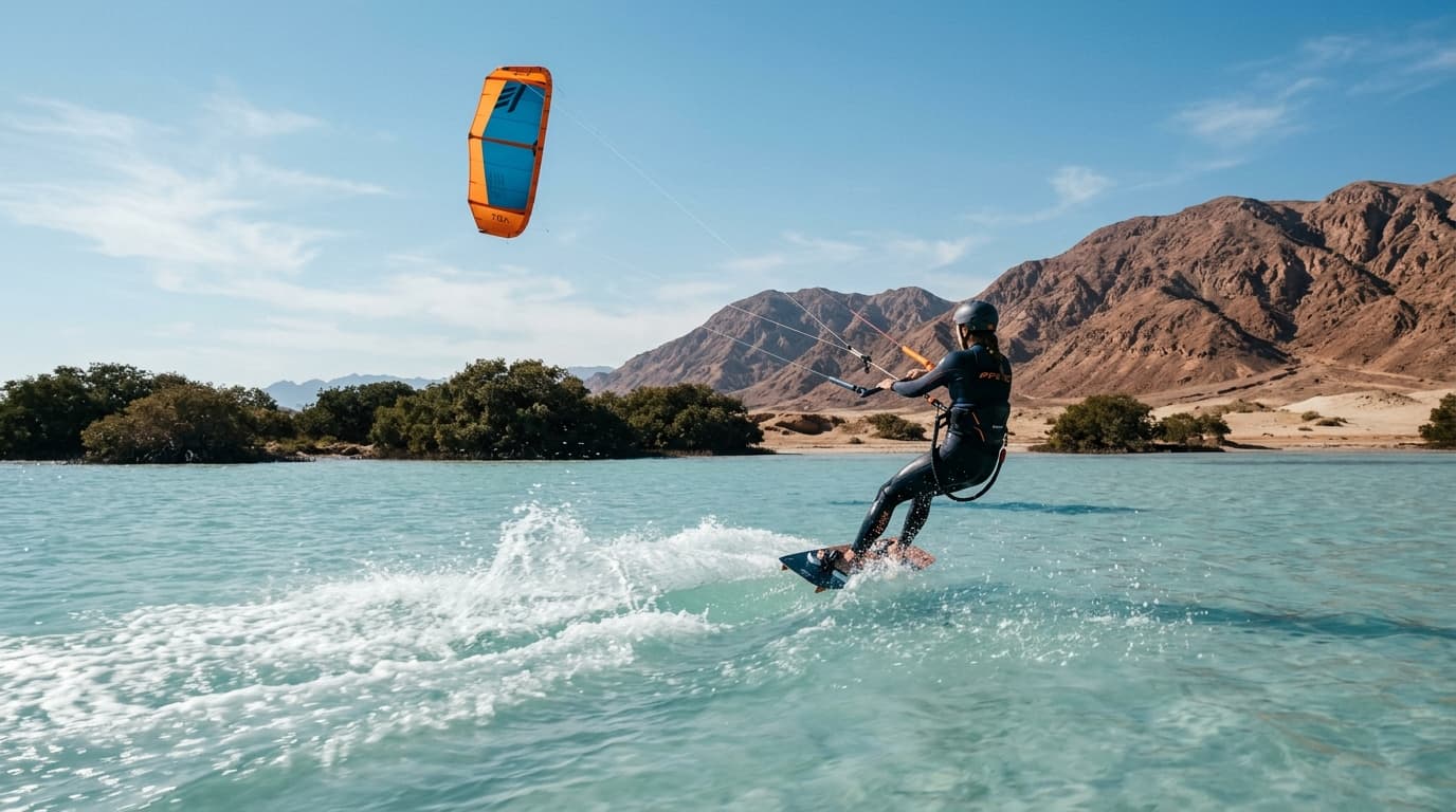Ein Kitesurfer gleitet über das flache, türkisfarbene Wasser der riesigen Stehlagune in Hamata, Ägypten, im Hintergrund die charakteristischen Mangroven und das rote Gebirge.