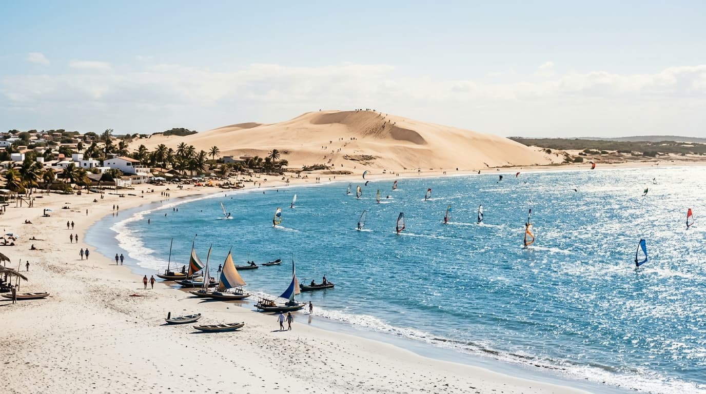 Blick auf den Hauptstrand von Jericoacoara mit Windsurfern auf dem Wasser vor der berühmten Düne Sunset Dune