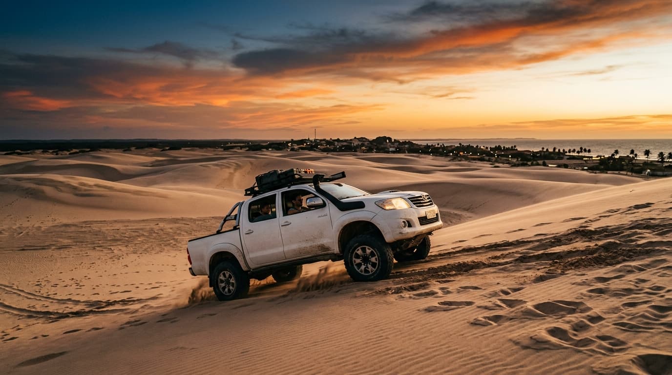 Ein Allradfahrzeug Toyota Hilux fährt über die sandigen Pisten und Dünen des Nationalparks in Richtung des Fischerdorfs Jericoacoara in Brasilien.