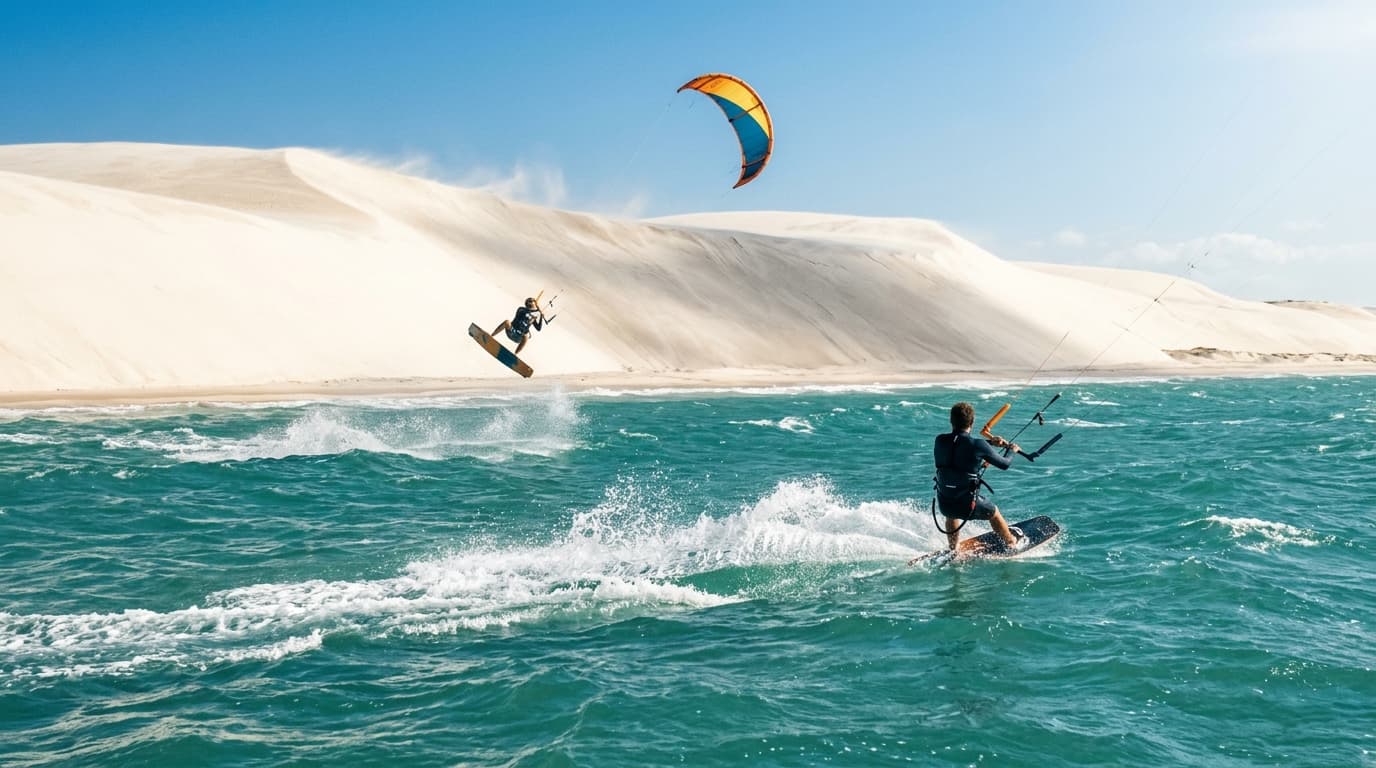 Zwei Kitesurfer auf dem türkisblauen Wasser vor den hellen Sanddünen von Jericoacoara in Brasilien bei starkem Wind und strahlendem Sonnenschein.