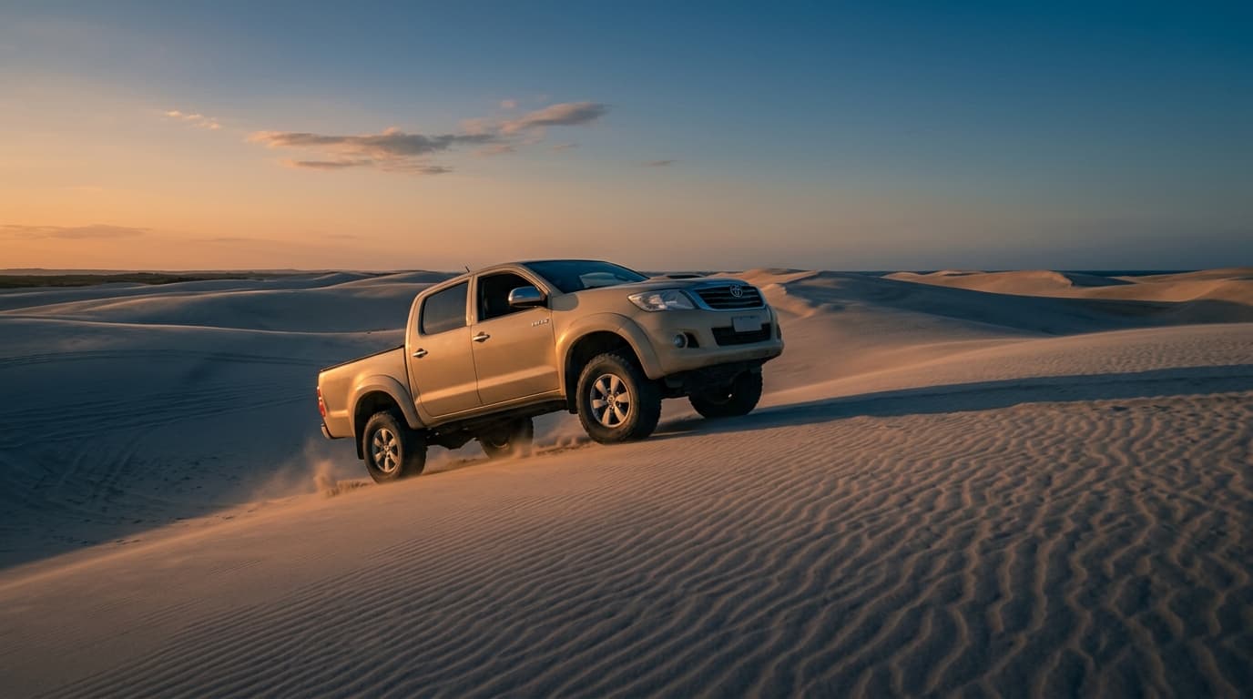 Ein Allrad-Fahrzeug Toyota Hilux fährt bei Sonnenuntergang durch die weiten Sanddünen nahe der Ortschaft Jericoacoara in Ceara, Brasilien