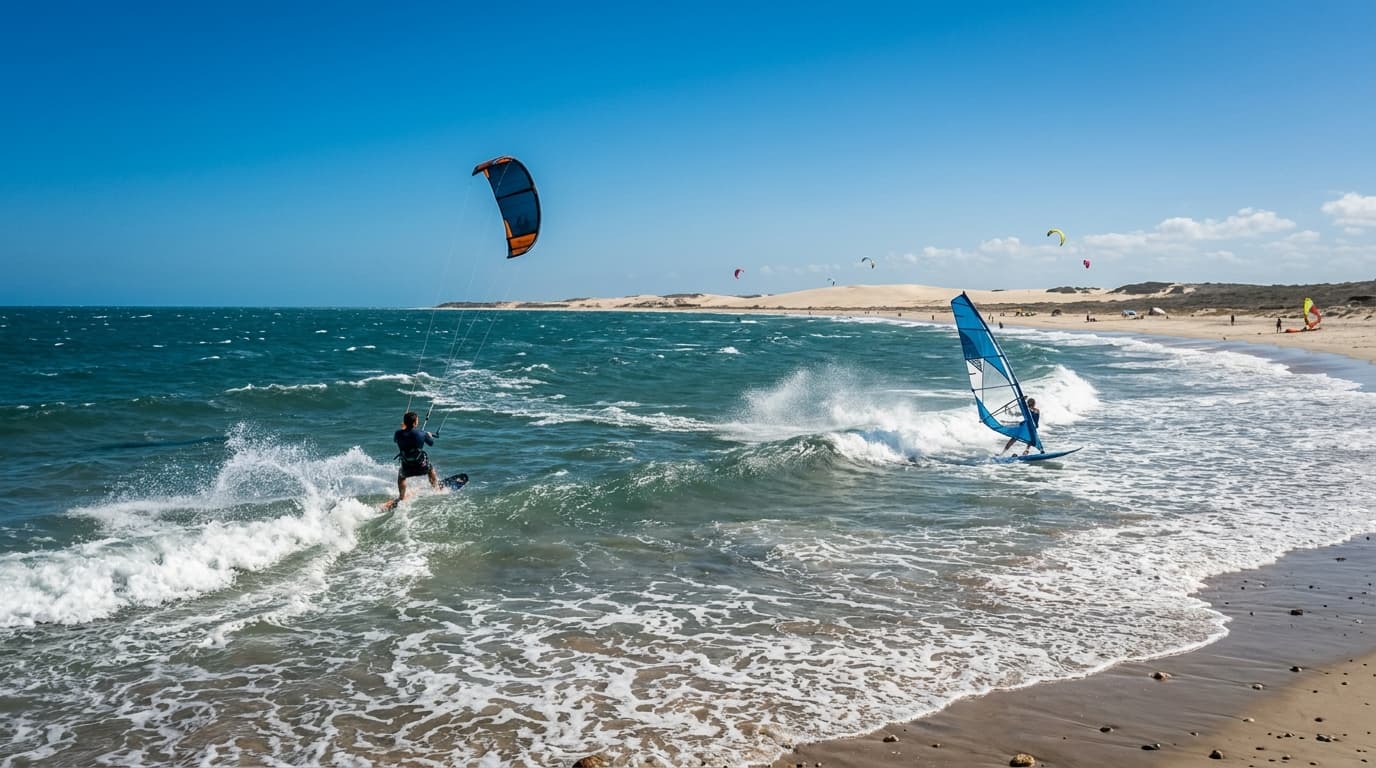 Kitesurfer und Windsurfer nutzen die perfekten Spot-Conditions am Strand von Jericoacoara unter strahlend blauem Himmel und konstanter Passatbrise.