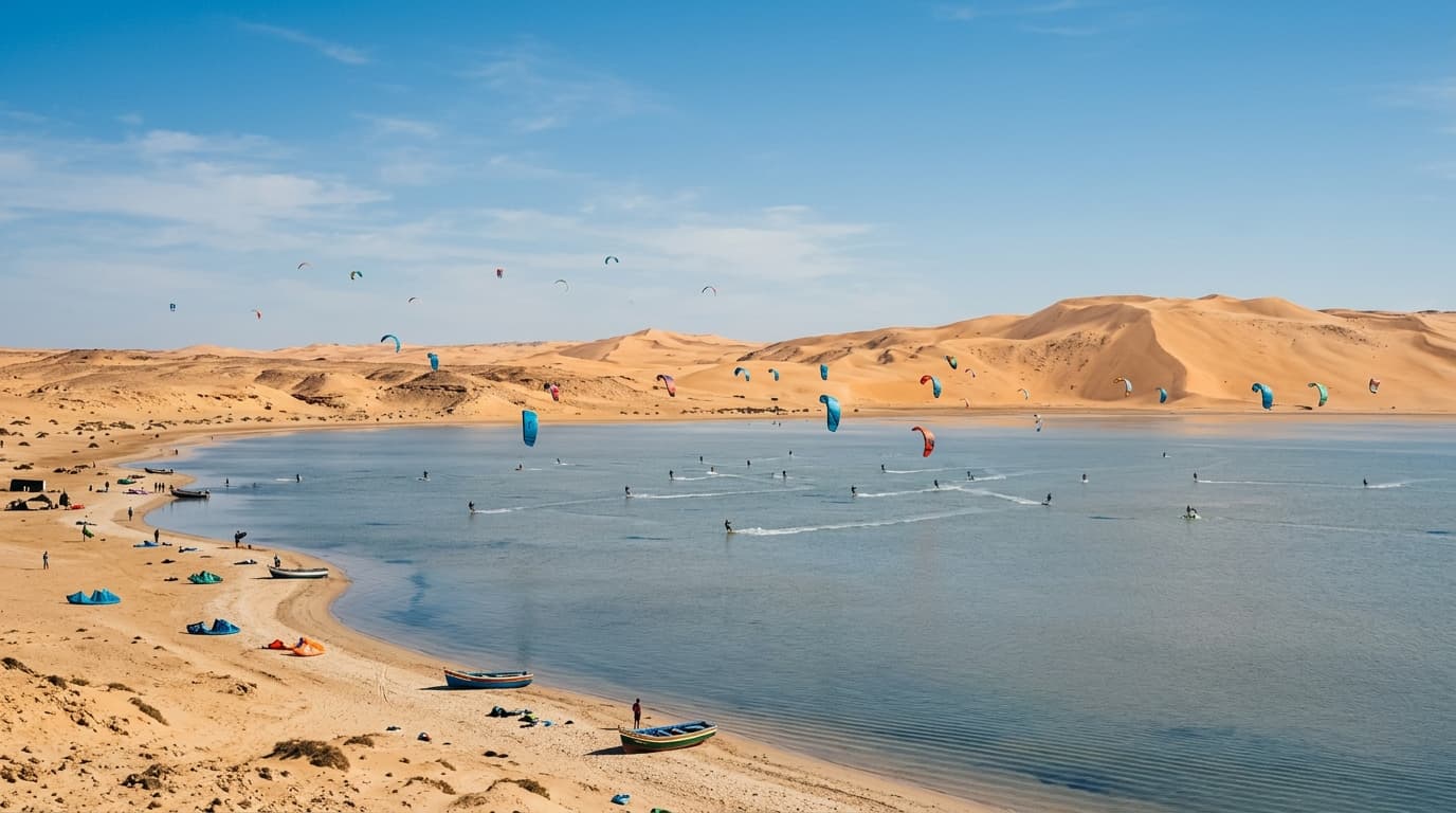 Blick über die weite, flache Kitesurf-Lagune von Dakhla in Marokko mit bunten Kiteschirmen am blauen Himmel vor hellen Wüstendünen.